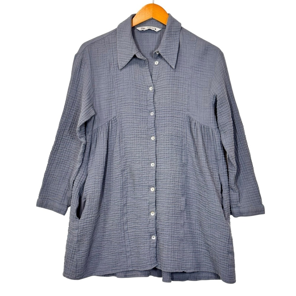Zara Shirt Womens Small Blue Gauze Cotton Oversized Laggenlook Tunic Cottagecore